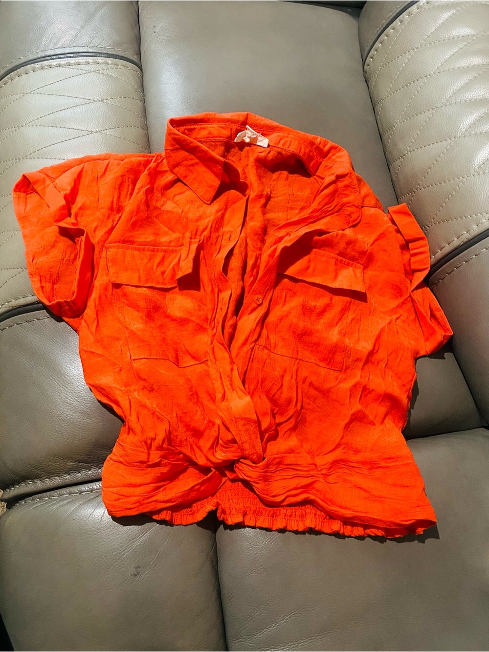 Bright Orange Short-Sleeve Button Front Blouse
